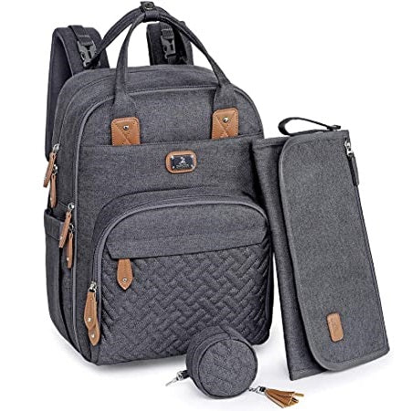 Multifunctional Gray backpack with brown accents and a matching pouch  
