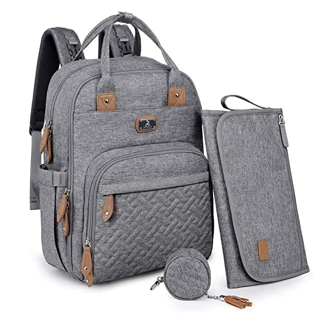 Multiunctional Gray baby nappy changing backpack with additional pouches  .