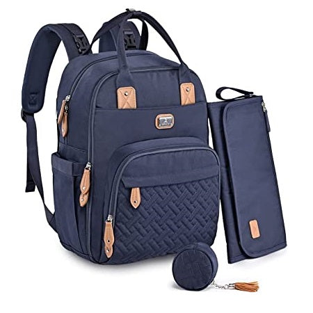 Multifunctional Navy blue backpack with quilted design and matching pouch 