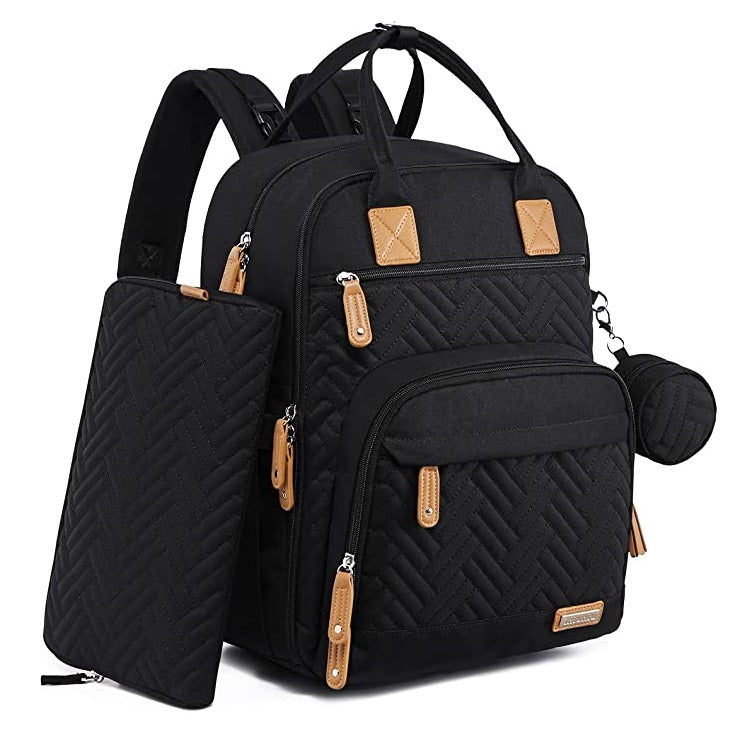 Multifunctional Black quilted backpack with brown accents .