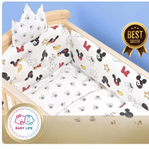 Baby crib with Mickey Mouse-themed bedding and 'Baby Life' logo.