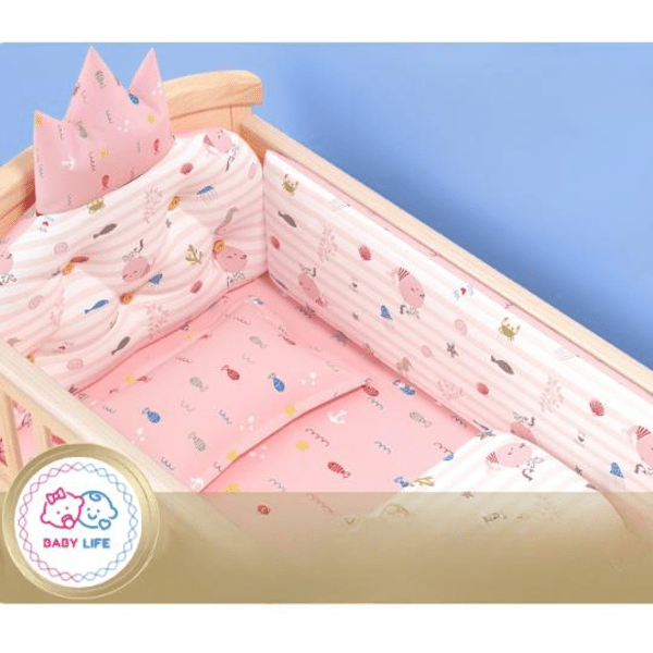 Baby crib with pink bedding and a crown, featuring the 'Baby Life' brand logo.