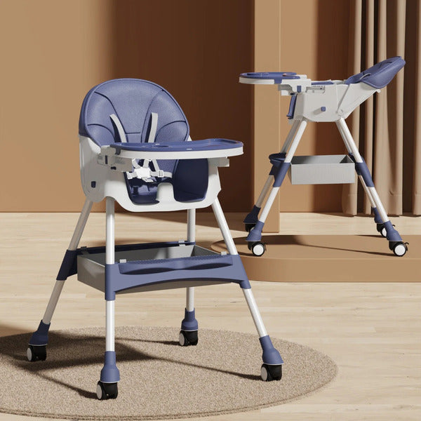 Booster seats Baby high Foldable Blue and white high chair with tray .