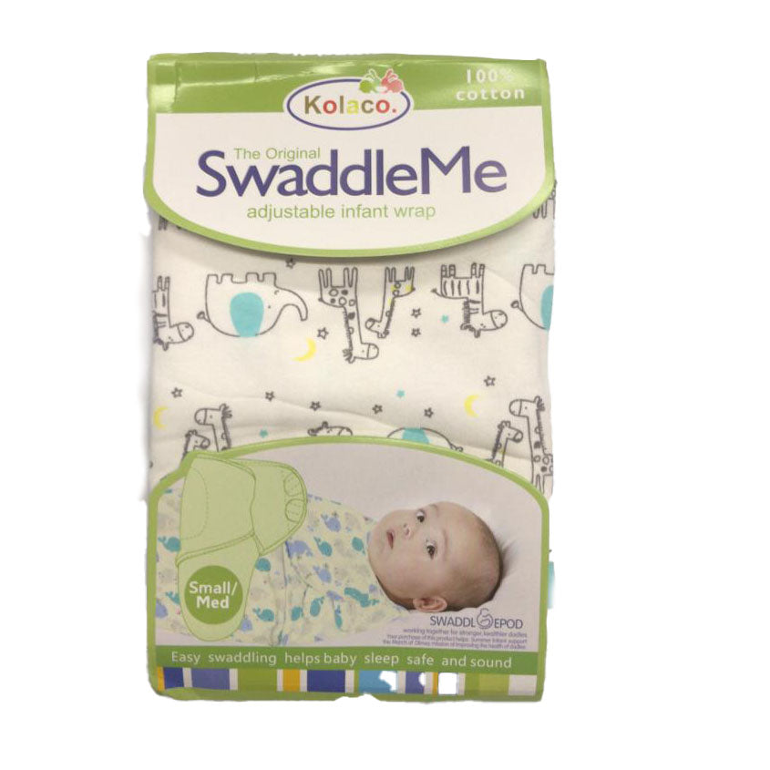 Kolaco SwaddleMe adjustable infant wrap packaging with baby.