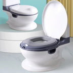 Children's toilet seat with gray base and white seat on a toilet .