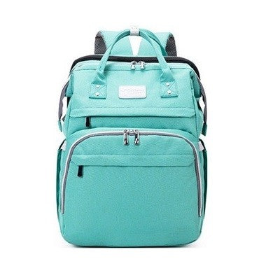 Teal diaper baby backpack with gray accents.