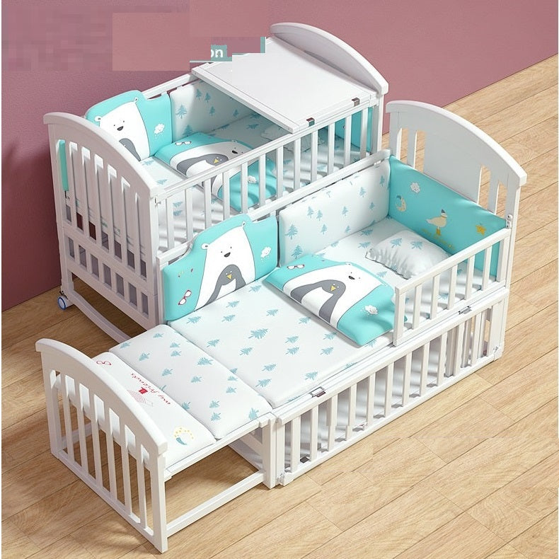 White crib with blue and white bedding 