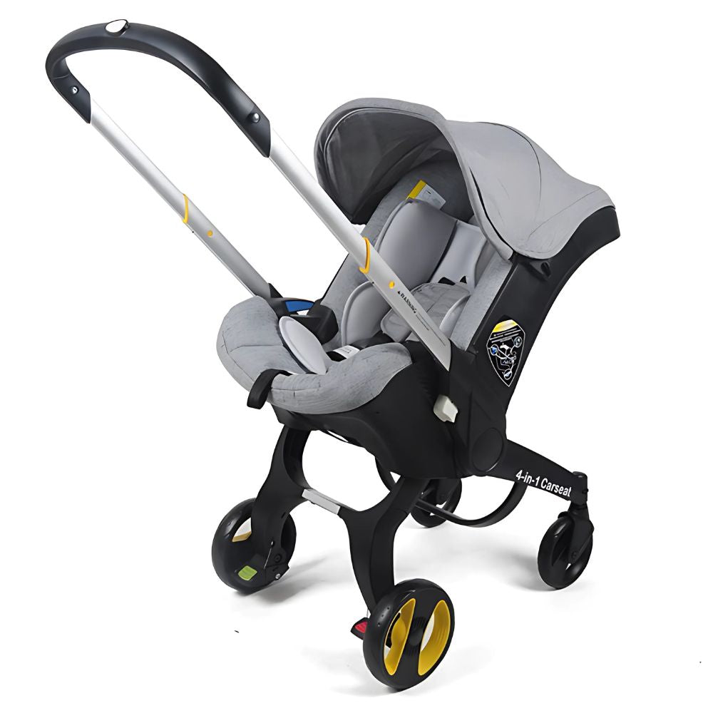 Gray and black stroller with baby seat .