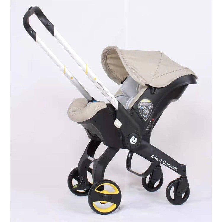 Baby stroller with beige seat and black .