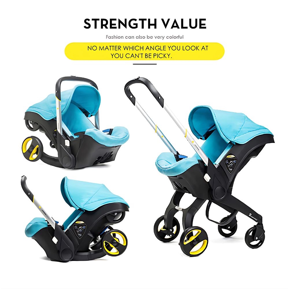 Blue baby stroller and car seat with black accents .