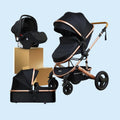  3 in 1 Black baby stroller with rose gold accents 