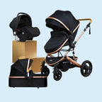  3 in 1 Black baby stroller with rose gold accents 