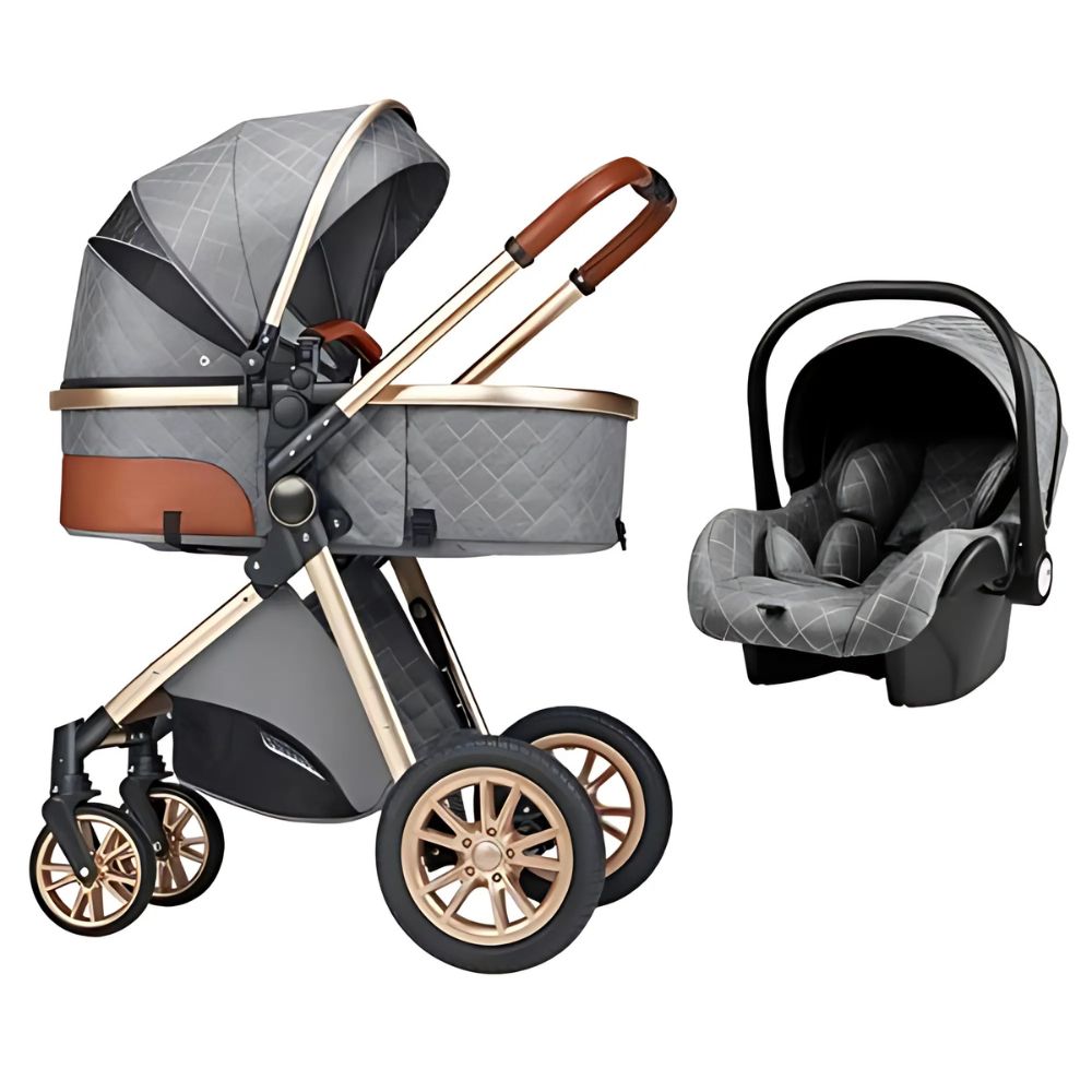 Gray and brown baby stroller with matching car seat NewbornBabyStroller3in1RainCoverLuxuryMultifunctionLightWeightEuropeanBabyPramStroller