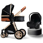 Black and beige stroller with a black car seat lightweight multifunctional European baby pram stroller.