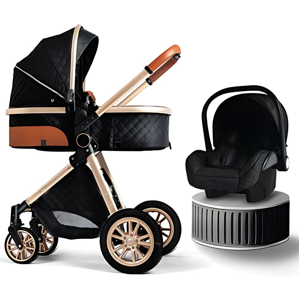 Black and beige stroller with a black car seat lightweight multifunctional European baby pram stroller.