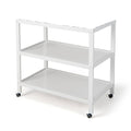 White metal foldable bedside cart with three shelves on a white background