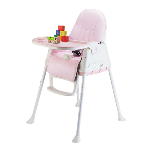 Pink portable plastic high chair with a tray and toys 
