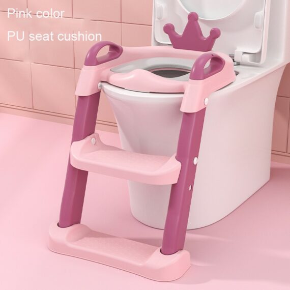 Pink and purple children's step stool with seat cushion attached to a toilet.