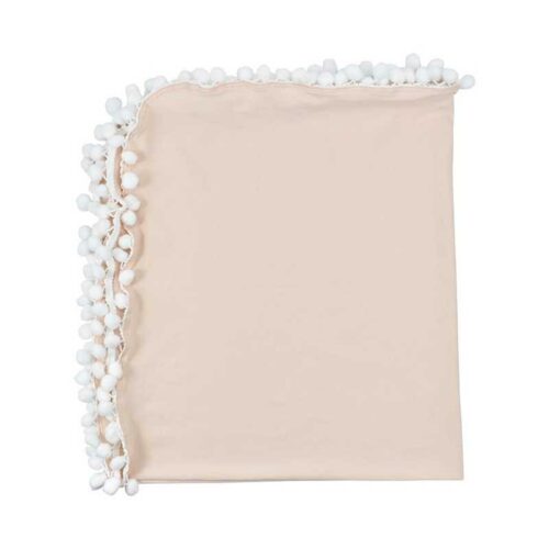 Beige blanket with white pom-pom trim 