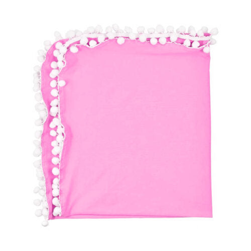 Pink blanket with white pom-pom trim .