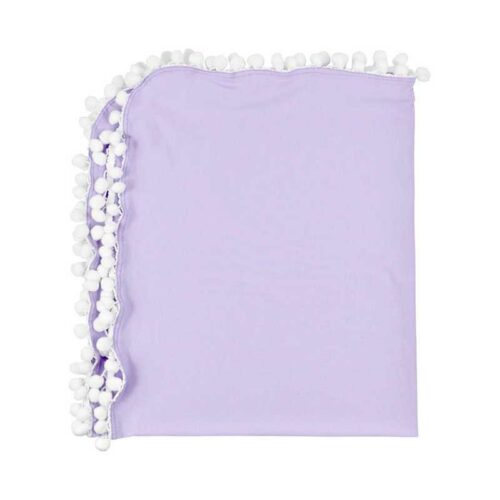 Lavender blanket with white pom-pom .