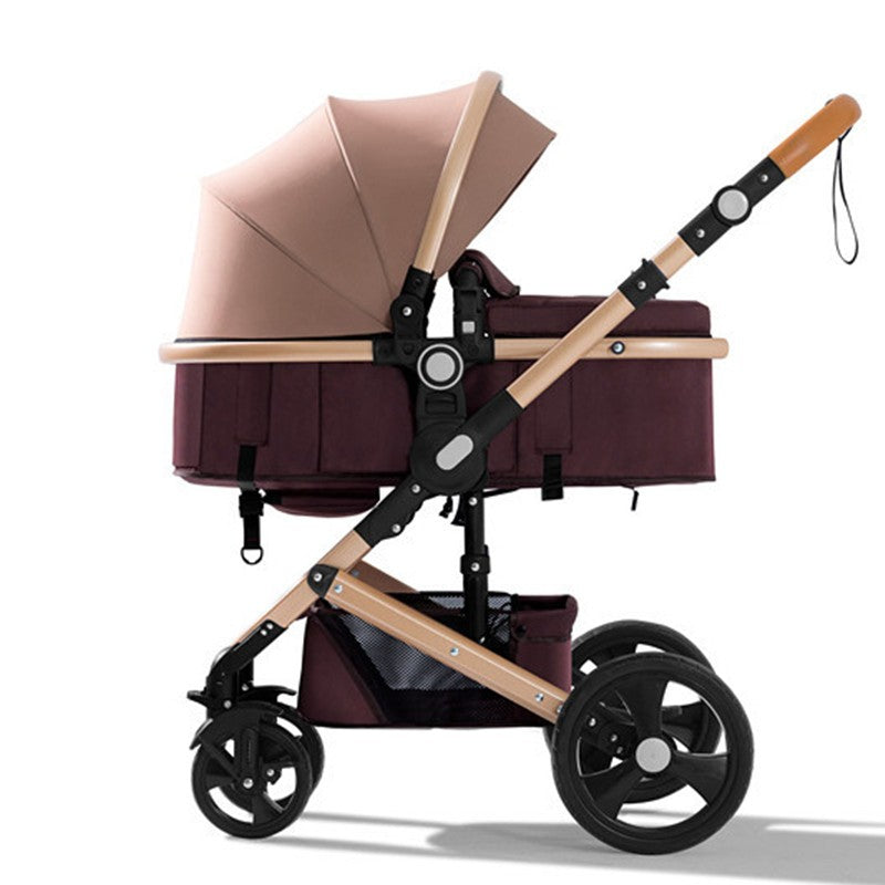 Belecco Baby stroller with beige canopy and maroon seat .