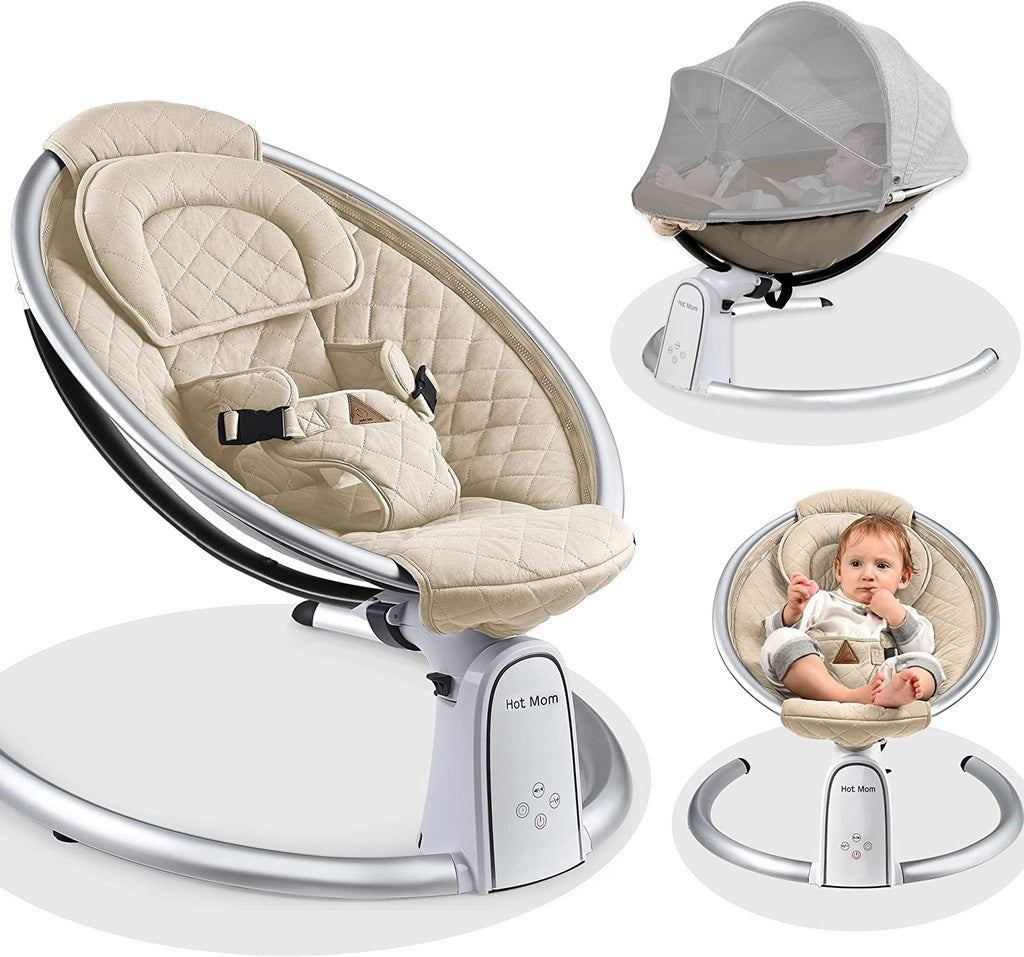 Baby swing with beige cushion and white base, featuring a baby inside.