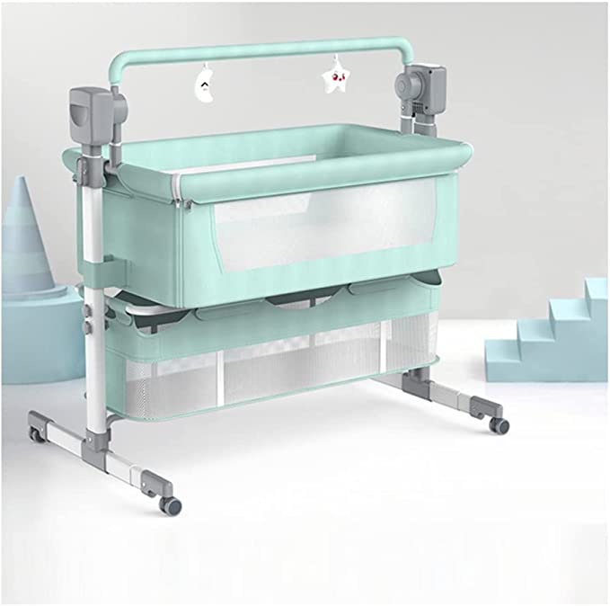 Mint green baby crib with wheels 