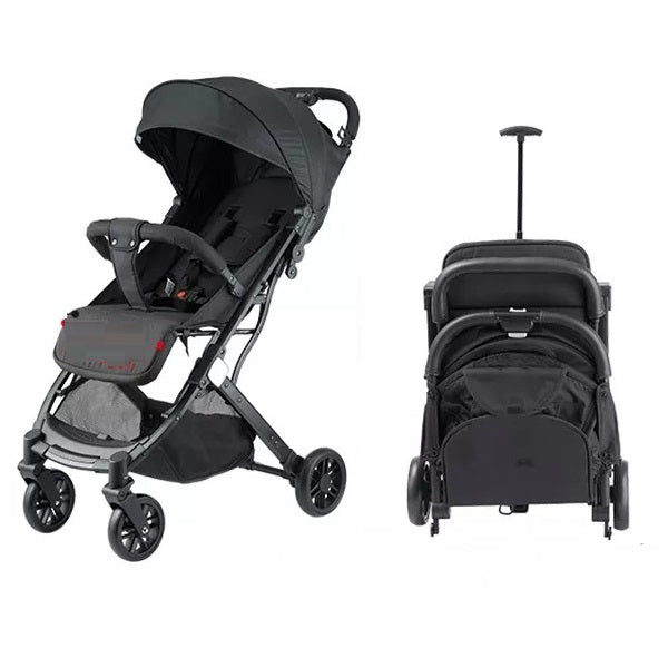 Black stroller with folded and lightweight compact travel stroller