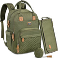 Multifunctional Green backpack with quilted pattern and matching pouch .