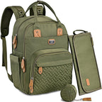 Multifunctional Green backpack with quilted pattern and matching pouch .