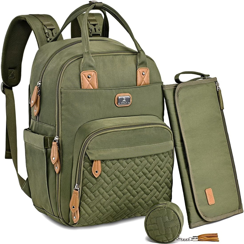 Multifunctional Green backpack with quilted pattern and matching pouch .