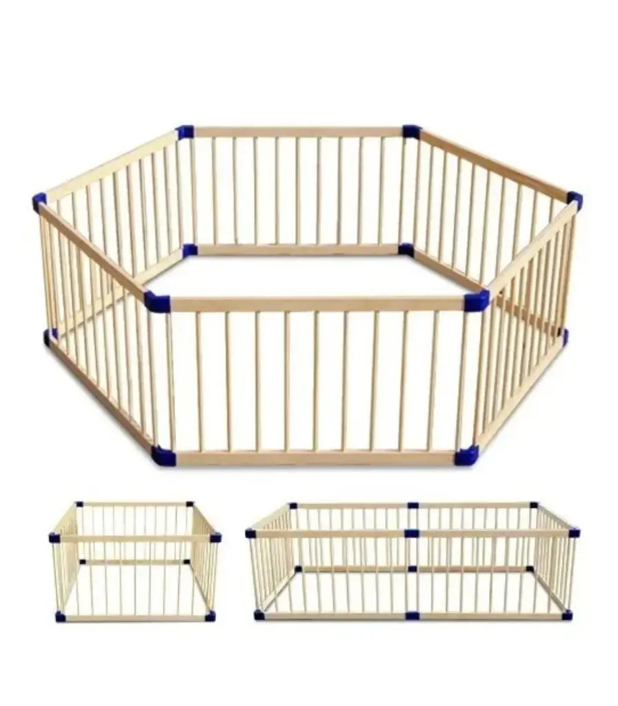 Wooden playpen with blue accents