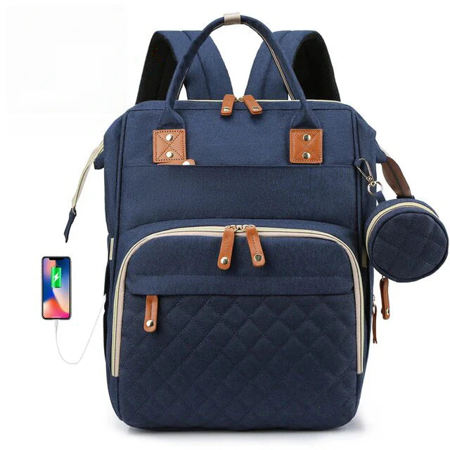 Navy blue backpack with brown accents 