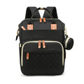 Black backpack with quilted design and brown accents.