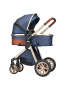 Luxury Blue quilted baby stroller with brown accents