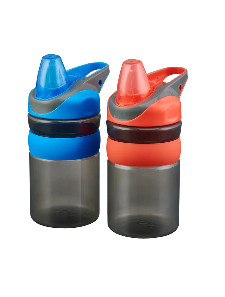 Two  Vital HYdrate children's water bottles with colorful lids .