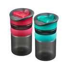 Two  Vital Hydrate sippy cups with black bodies and colorful lids .