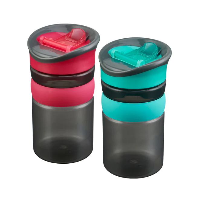 Two  Vital Hydrate sippy cups with black bodies and colorful lids .