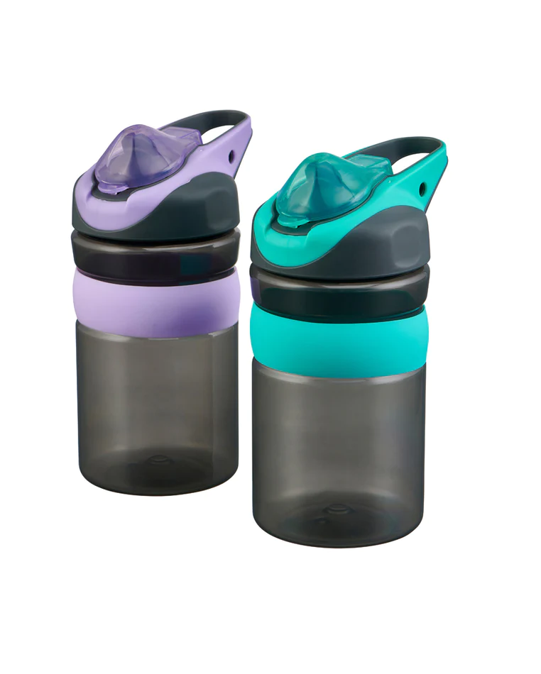 vital Hydrate Two black water bottles with purple and teal lids 