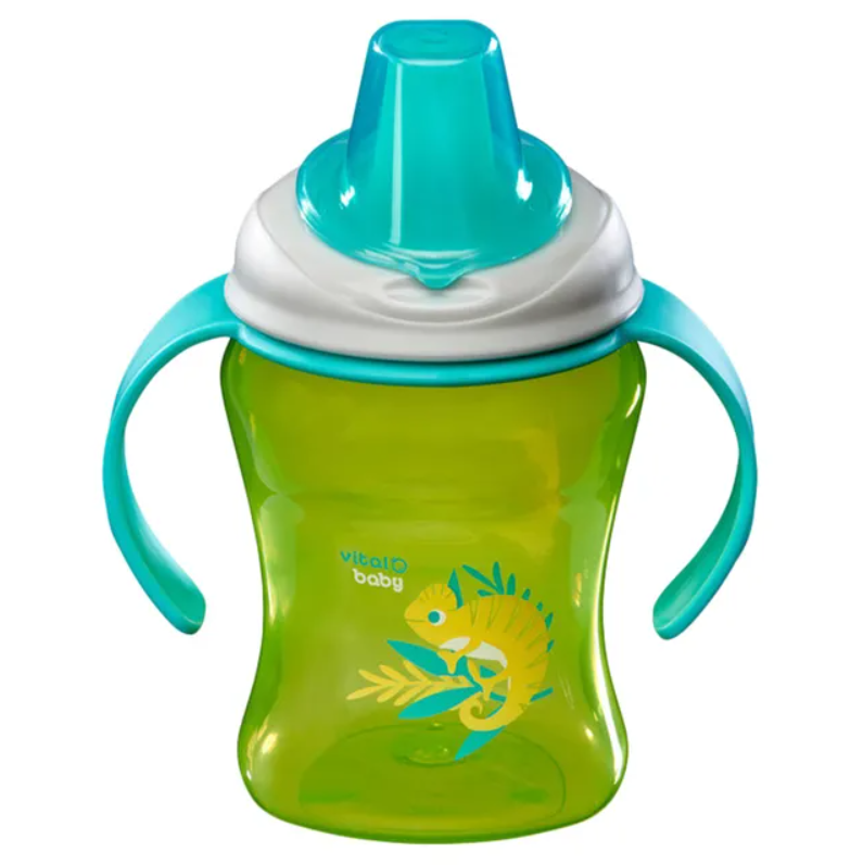 Vital Hydrate Green sippy cup with blue handles 