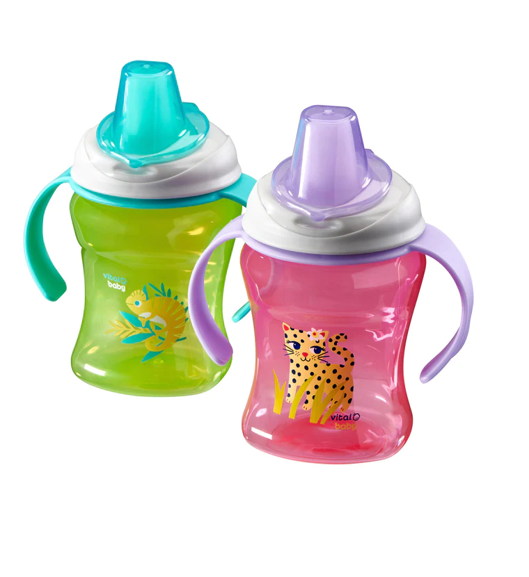 Two Vital Hydrate sippy cups, one green and one pink.
