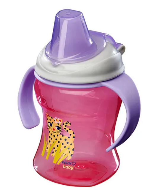 Vital Hydrate Pink sippy cup with purple handles and lid .