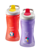 Two colorful  Vital Hydrate water bottles with sippy cups.