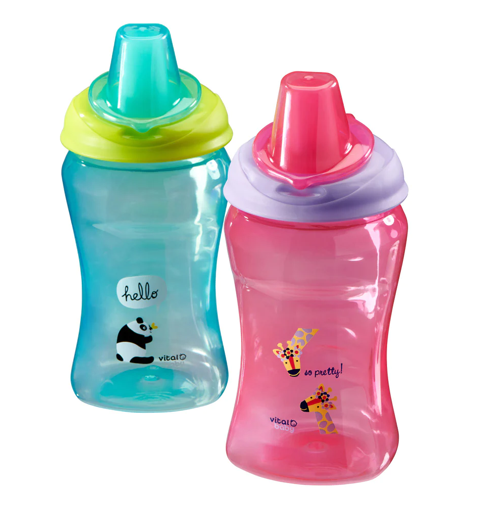 Two colorful  vital hydrate sippy cups, one blue and one pink.