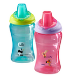 Two colorful  vital hydrate sippy cups, one blue and one pink.