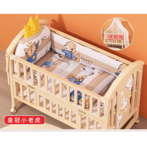 Wooden crib with baby bedding set featuring cartoon designs .