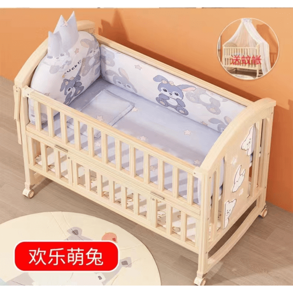 Wooden crib with baby bedding featuring animal prints .