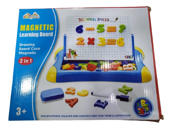 Packaging of a magnetic learning board with educational magnets .