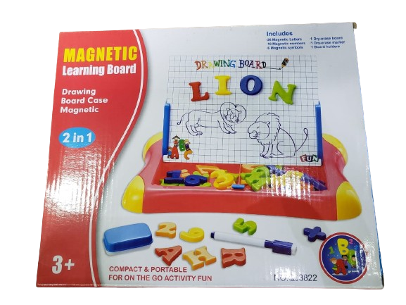 Magnetic learning board toy packaging with a lion illustration .